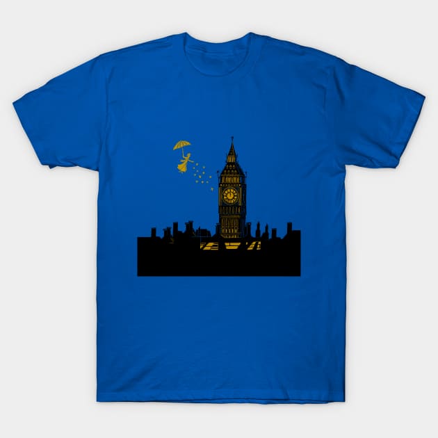 Mary Poppins and Big Ben Linocut Print in black, white and gold T-Shirt by Maddybennettart